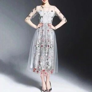 Metisu Spring Cocktail Evening Party Dress Embroidery Floral Sheer Dress